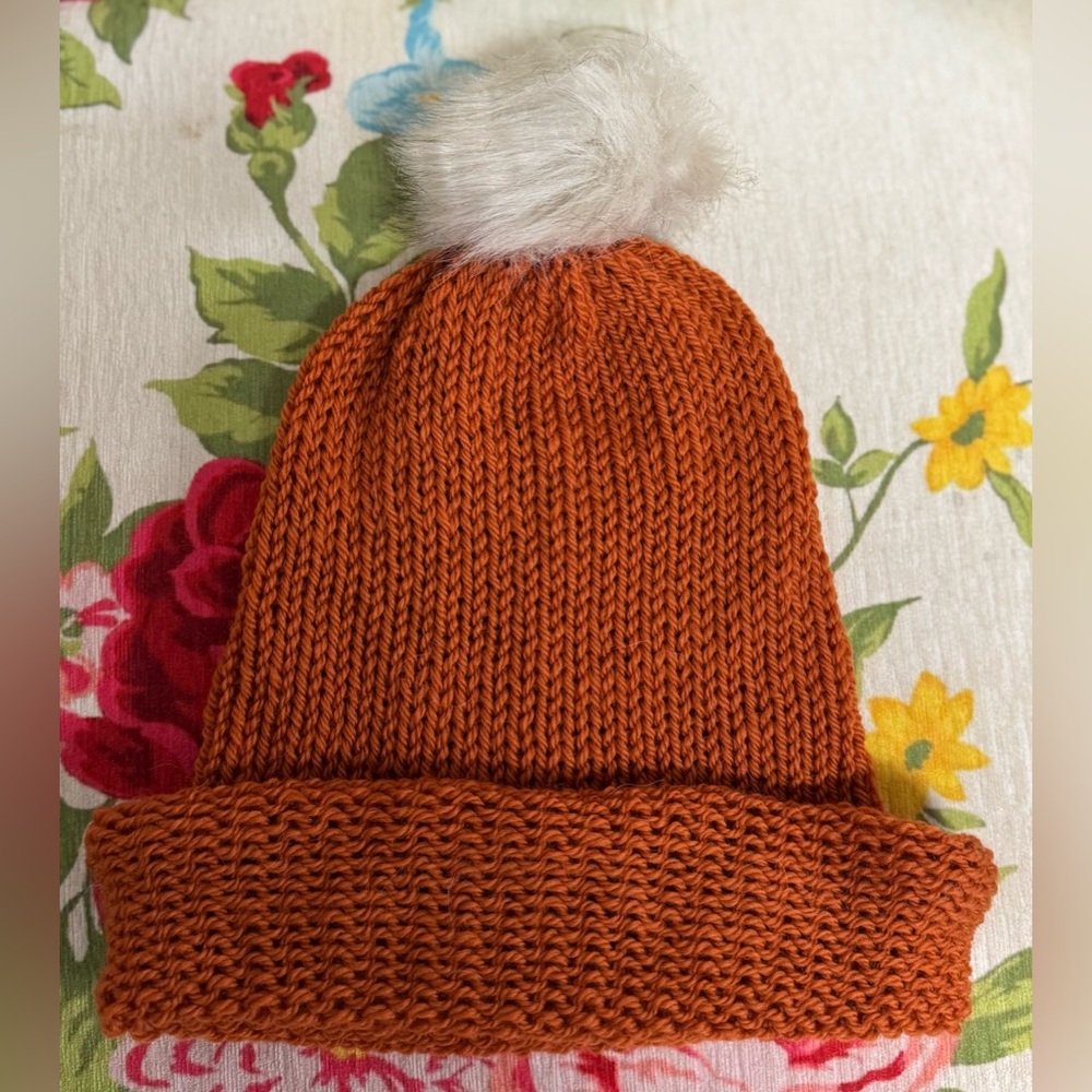 Handmade Hand Crafted Knit Wool Slouchy Hat with Fur Pompom Pumpkin